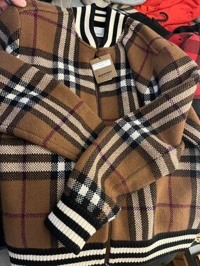 Burberry Tan Black White Plaid Knit Bomber Jacket